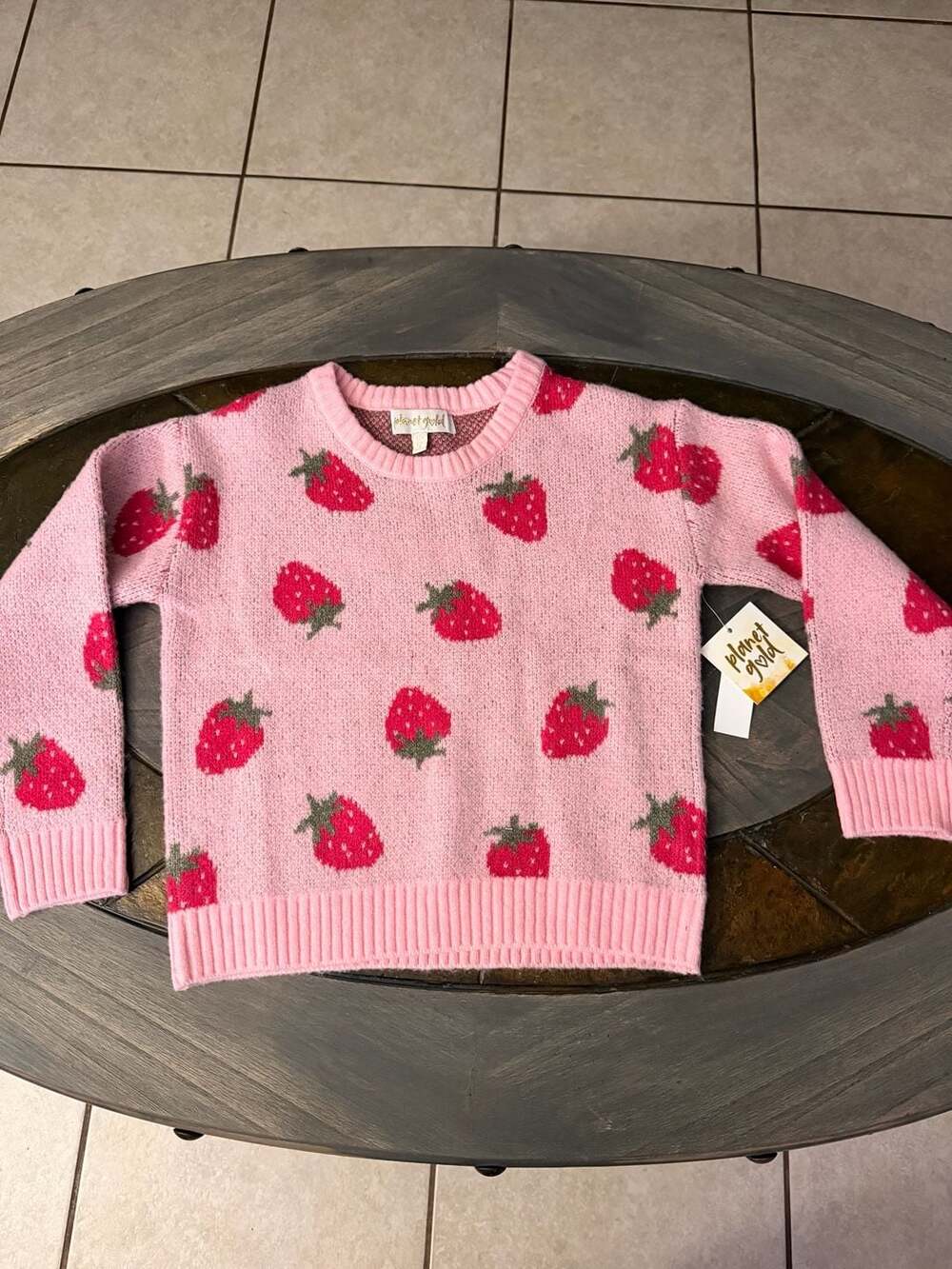 Planet Gold Girls Pink Strawberry Knit Crewneck Sweater Size 6/6X
